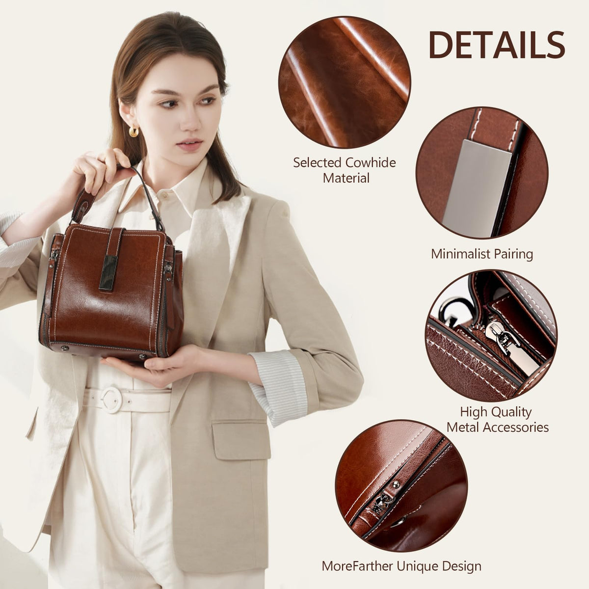 MoreFarther Genuine Leather Crossbody Bags for Women, Genuine Leather Purses Bucket Bags Shoulder Bag with Adjustable Shoulder Straps (White)
