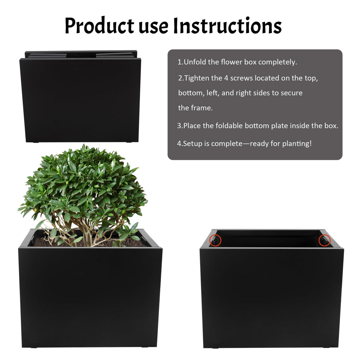 TISUWING Galvanized Steel Rectangular Planter, 16"x 12"x 12" Small Planters for Outdoor Plants, Black Outdoor Planter with Drainage Holes
