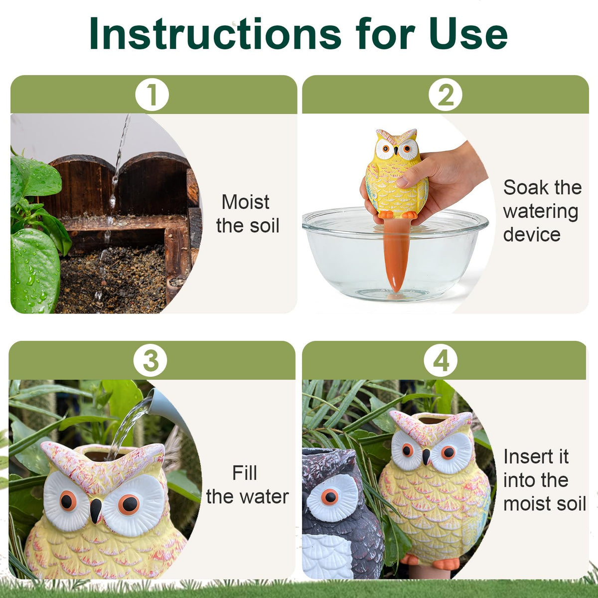 MCleanPin 4 Pack Self Watering Spikes and Globes, Handmade Terracotta Owl Self-Watering Plant Devices with Slow Release System, Automatic Water Bulbs for Indoor and Outdoor Garden Pots Vacation