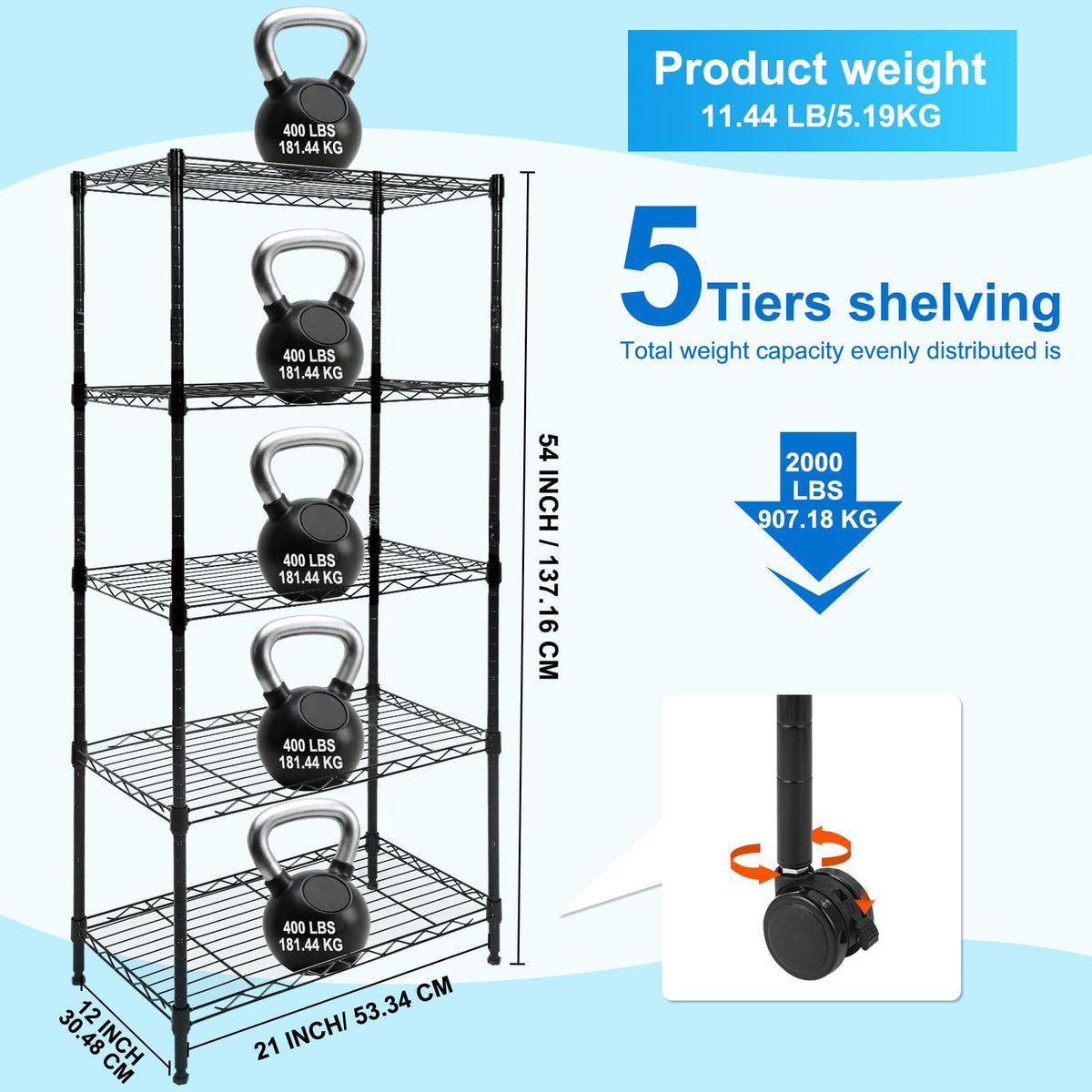 Whitmor 5 Tier Shelving Unit, Adjustable Storage Shelves with Wheels, Wire Shelving, 400 lbs Capacity per Shelf, Max 2000 lbs Total for Laundry, Garage, Plant, 21" L x 12" W x 54" H, Black