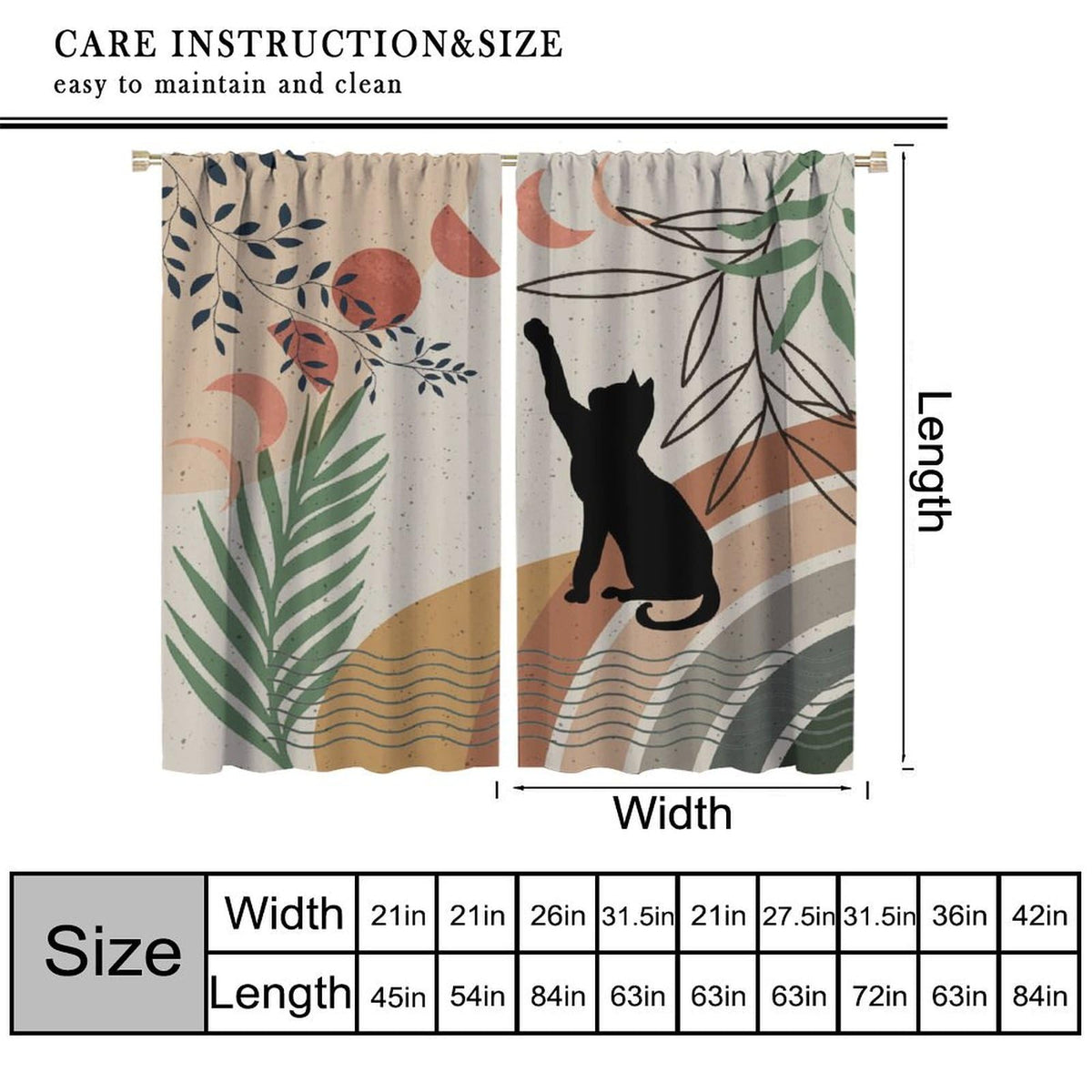 Fblifil Mid Century Moon Cat Curtain Retro Black Cat Leaves Sun Moon Leaves Boho Abstract Geometric Arch 70s Window Drapes for Bedroom Living Room Decor 42" W X 45" L