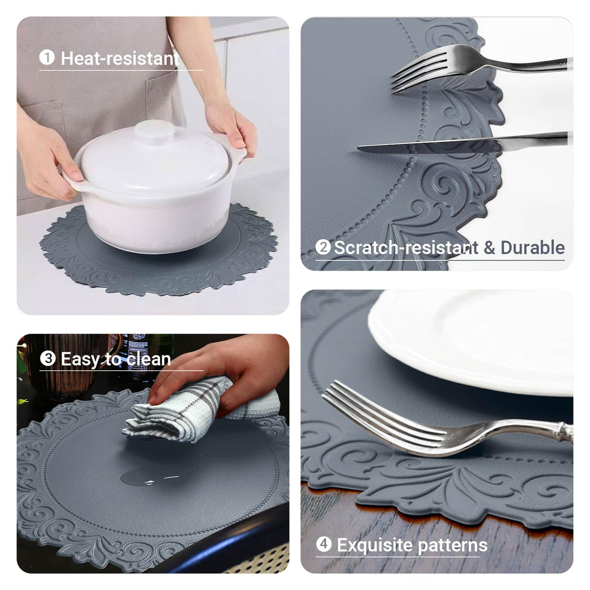 Noctiflorous Round Faux Leather 15 Inch Placemats Set of 6 Waterproof Wipeable Heat Resistant Tablemat for Dining Table Kitchen Non Slip Washable Oilproof Table Place Mat(Graphite Gray, 6)