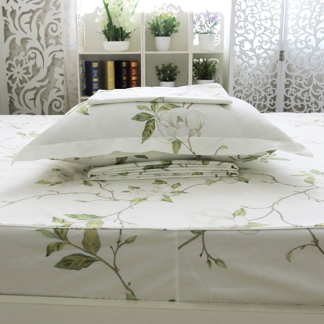 FADFAY Shabby White Floral Bed Sheet Set 100% Cotton Sheets Green Leaves 4Piece - Twin XL Size