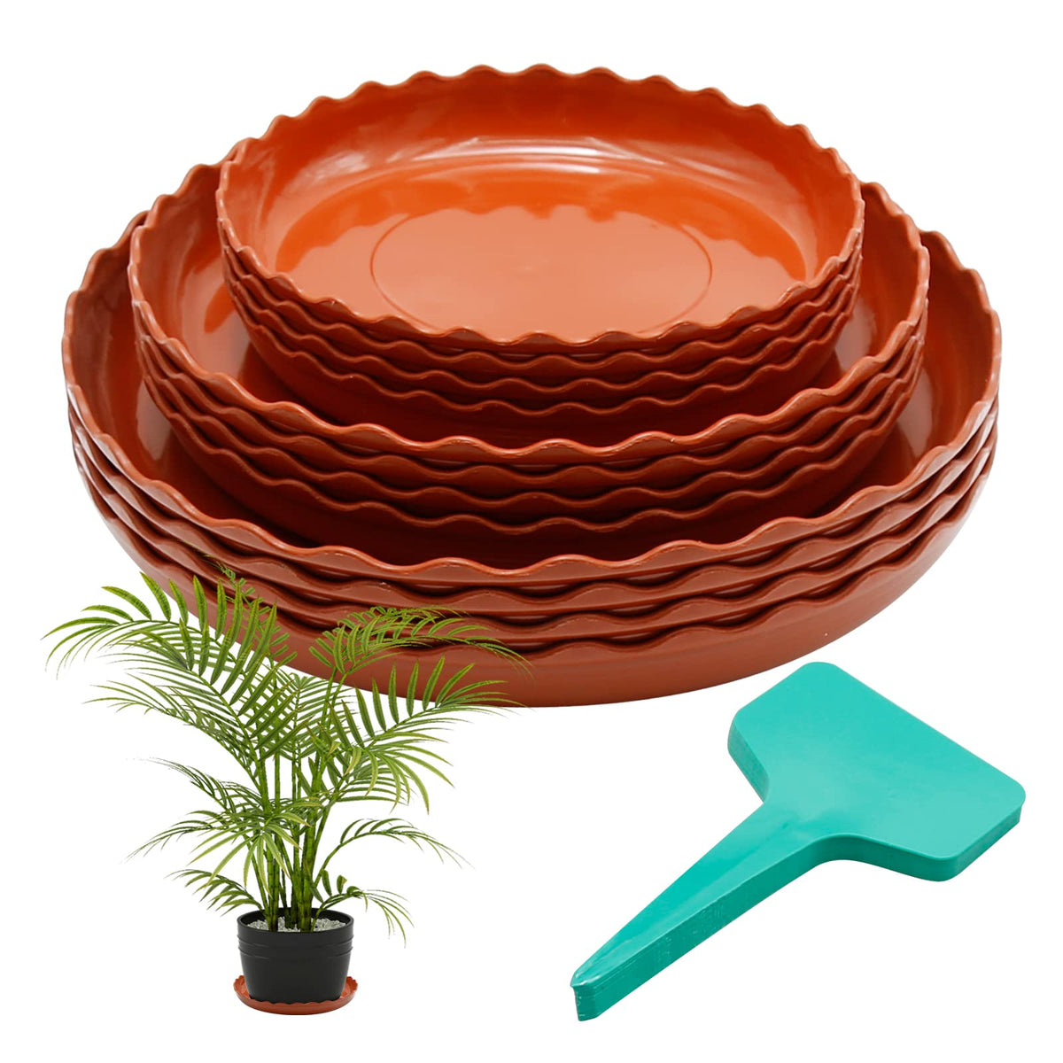 Aynaxcol 12 Pack White Plant Trays 3 Sizes Plastic Round Wave Plant Saucer Flower Plant Pot Saucer Terracotta Drip Trays for Indoor Outdoor Flower Pots and Planters, with 20pcs Green Plant Labels