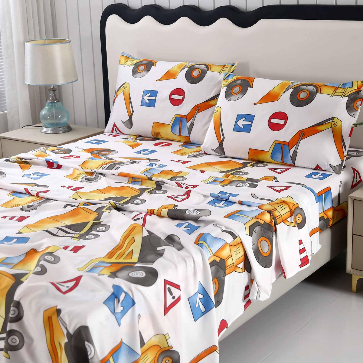 SDY 4 Pieces Tractor Sheets Full,Cozy Construction Sheets for Kids Boys Girls Teens,Car Sheet Set Included 1 FittedSheet with 14'' Deep Pocket + 1 Top FlatSheet + 2 Pillowcases