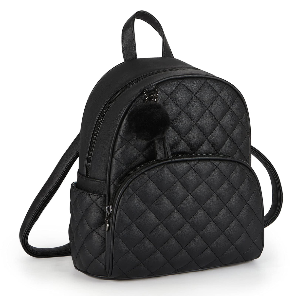 ECOSUSI Mini Backpack for Women Leather Small Backpack Purse for Ladies Cute Pom Bookbag Travel Shoulder Bag with Charm Tassel Black
