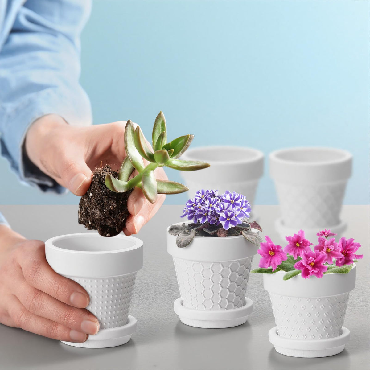 Meanplan 12 Pcs 3 Inch DIY Ceramic African Violet Pots with Saucer Unpainted Ceramic Paintable Flowerpots Small Embossed Flower Pots for Garden Windowsill Indoor Outdoor Wedding Favors Gifts