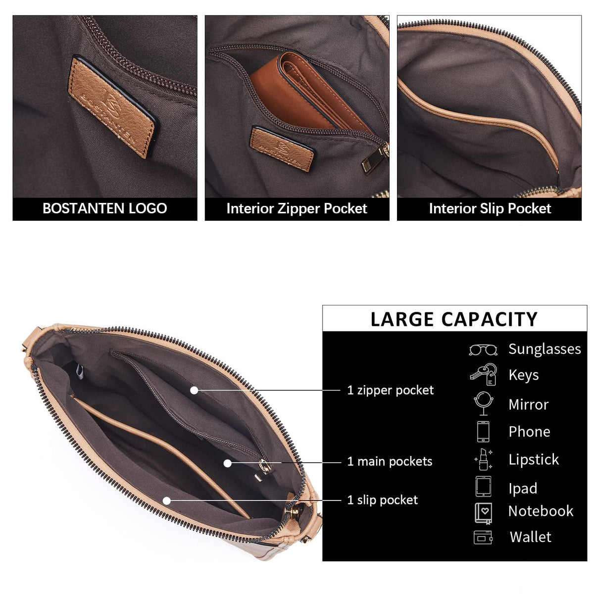BOSTANTEN Crossbody Bags for Women Trendy Vegan Leather Hobo Purses Shoulder Handbags With Wide Shoulder Strap Camel Brown
