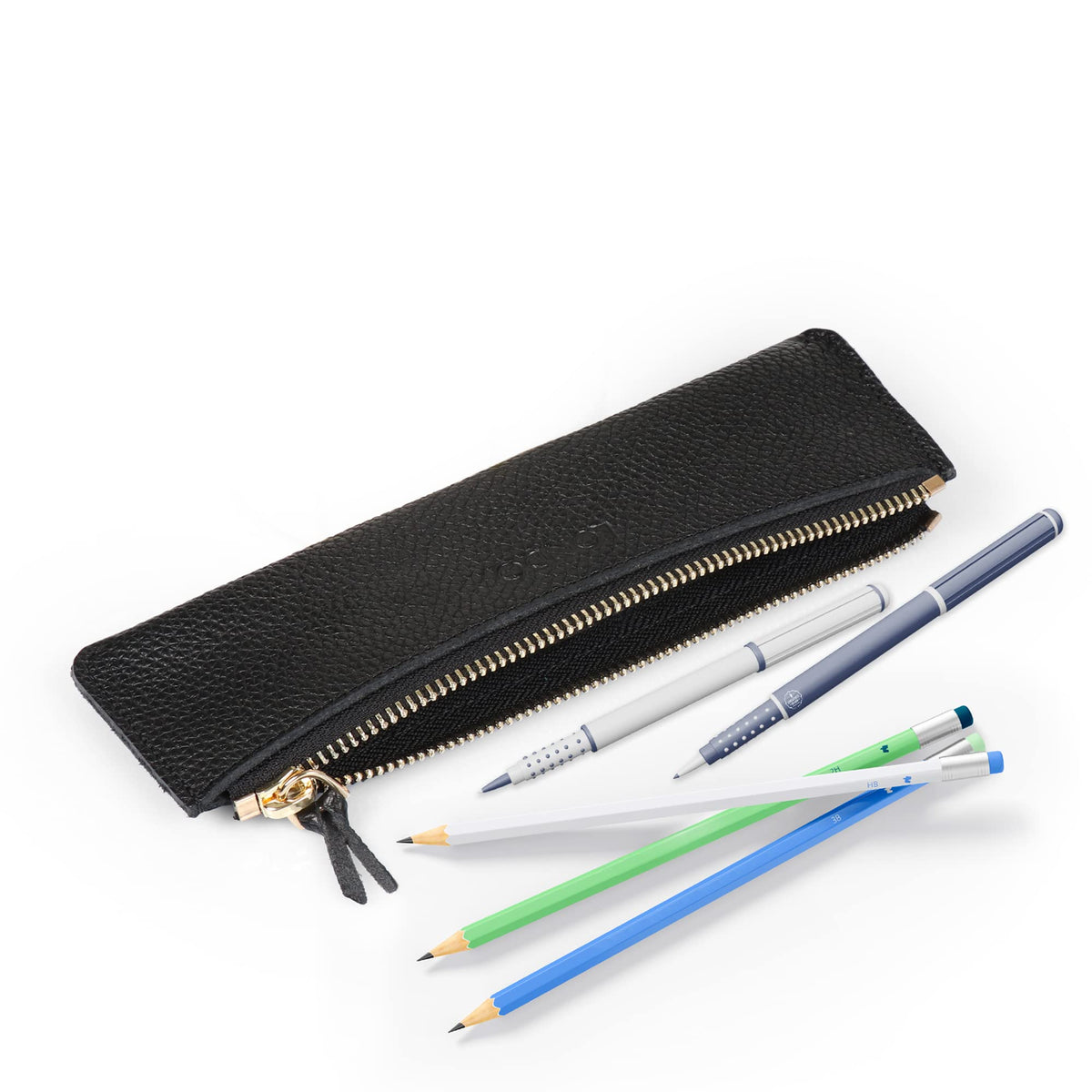 Londo Zippered Genuine Cowhide Leather Pen & Pencil Case — Slim Fountain Pen Holder, Pencil Pouch, Stationery Organizer, Makeup Brush Case, Travel Pouch — Gift for Writers, Students, Teachers, Black