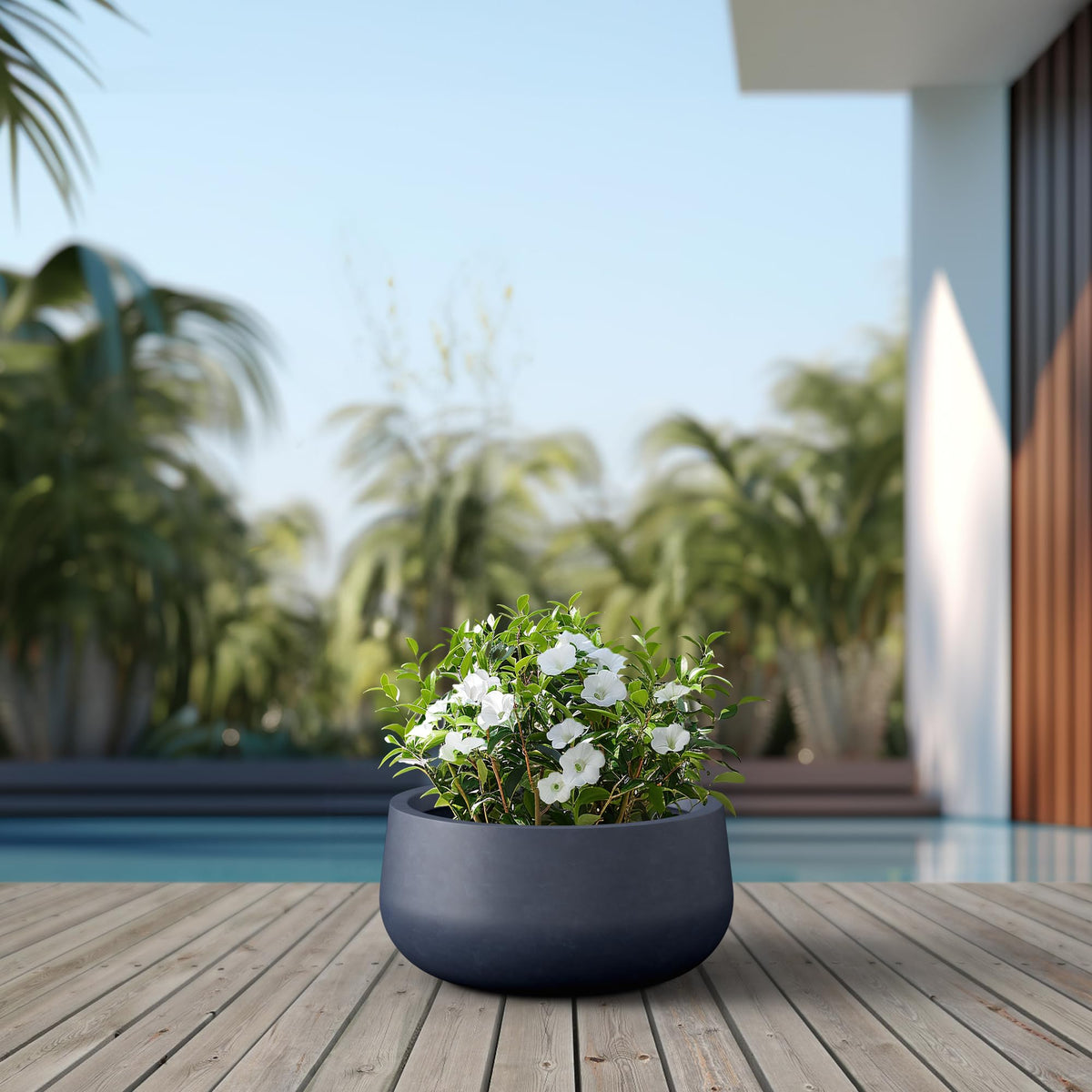 Kante 19.6" Dia Round Concrete Planter, Cement Plant Pots with Drainage Hole and Rubber Plug for Outdoor Indoor Garden Home, Modern Curvaceous Design, Dark Gray