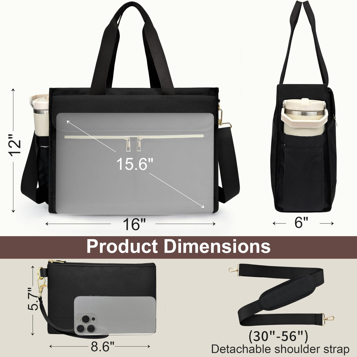 PASMAN Laptop Bag for Women 15.6 Inch, Work Bags for Teacher & Nurse with Compartments, Professional Office Computer Handbag(Black)