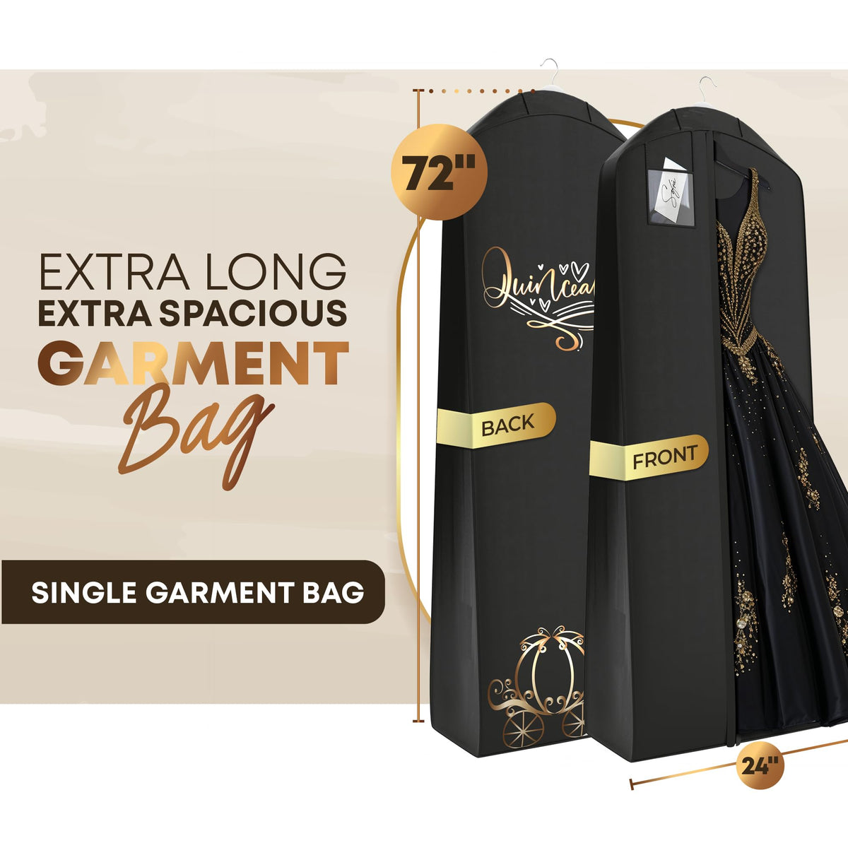 Your Bags Quinceanera Dress Garment Bag - Garment Bags for Hanging Gowns or Storage Preservation - 72" Quinceanera Storage Bag for Gowns with 20" Gusset for Puffy Quinceanera Gowns - Black/Gold