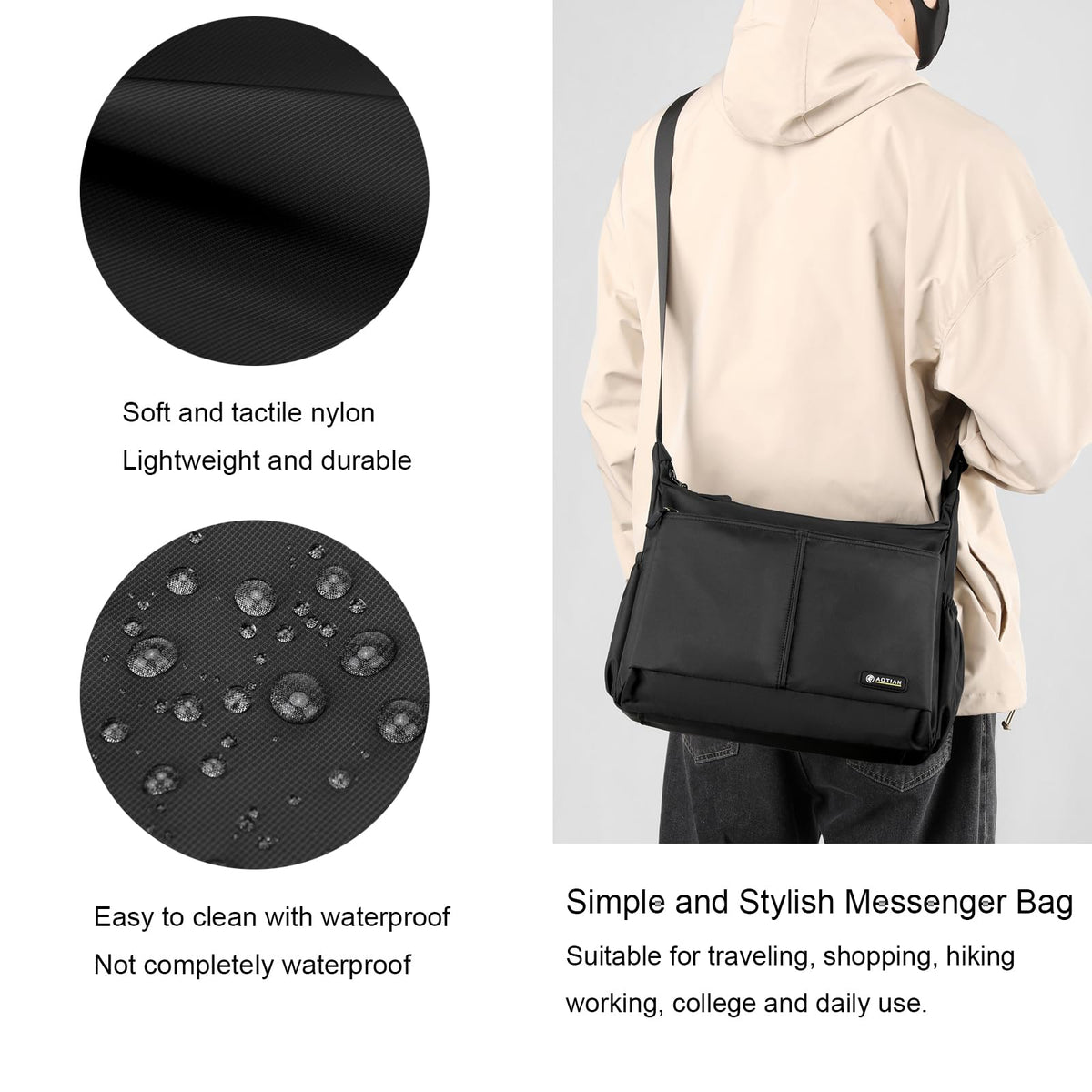 natyrlpog Men's Shoulder Bag Messenger Bag Nylon Waterproof Lightweight Casual Black Crossbody Bag for Work Travel Outdoor