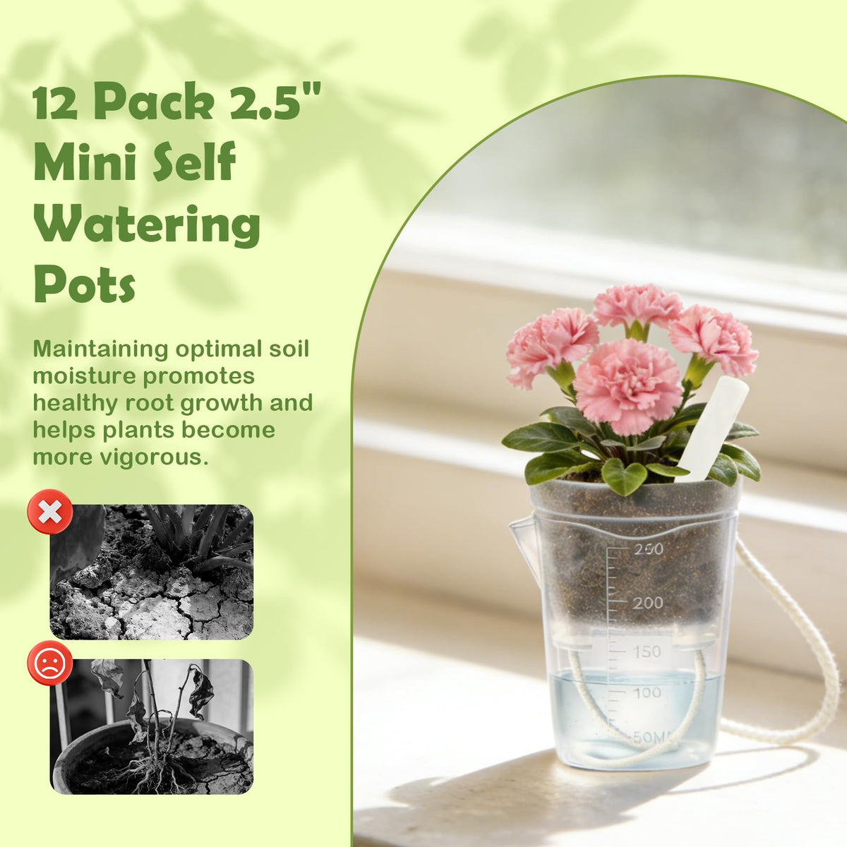 Shgxjjnb 16 Pack 2.5" Clear Self Watering Pots for Indoor Plants, Mini Clear Plastic Planters, with 16 Plant Label and Water Level and Drainage Holes for Seedlings, Cuttings, Succulents (Large)