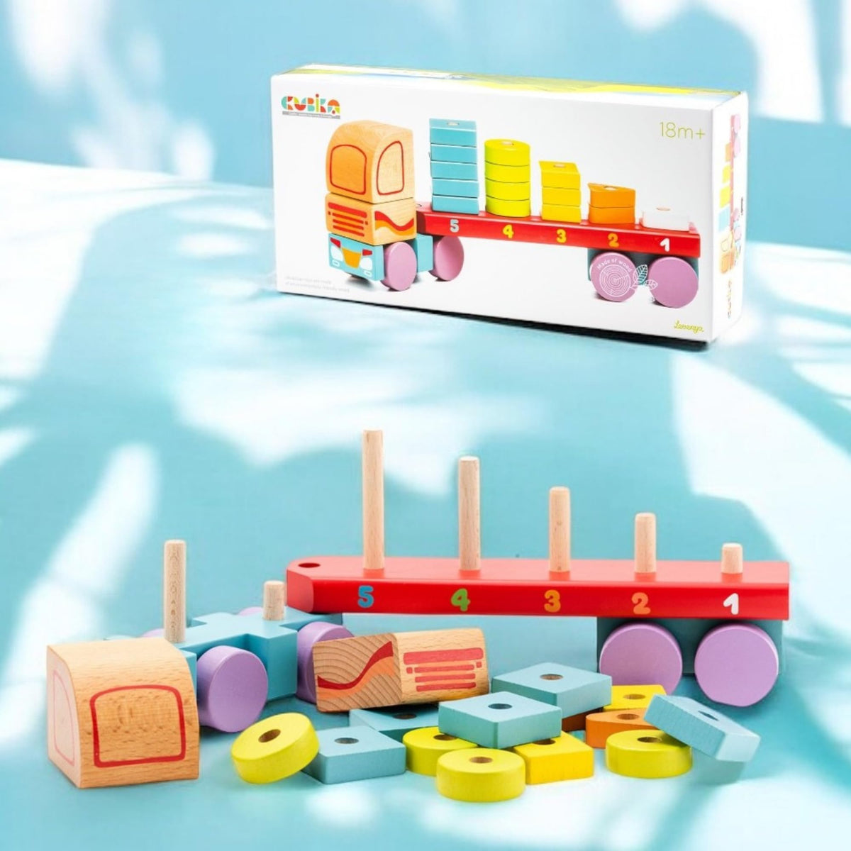 CUBIKA Wooden Geometric Shapes Truck– Montessori Toy for Toddlers Ages 3+– Shape Sorter and Stacking Truck Building Toy– FSC-Certified Wood, German Water-Based Paints, Travel-Friendly