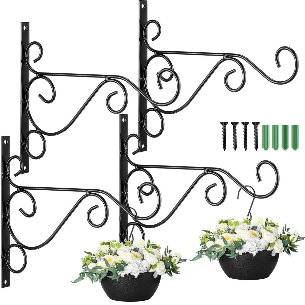 Tandefio 4 Pack 10 Inch Hanging Plant Brackets, Heavy Duty Rustproof Metal Wall Hooks, Hand forged Iron Hanger for Bird Feeders, Hanging Baskets, Lanterns,Wind Chimes,Outdoor Indoor Garden Decor,Black