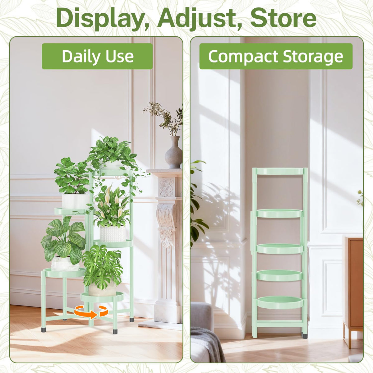 iDavosic.ly Plant Stand Indoor Outdoor, 5 Tier Corner Metal Flower Display Holder Shelf, Folding Tall Orchid Rack for Patio Balcony Porch Garden Living Room House, Light Green