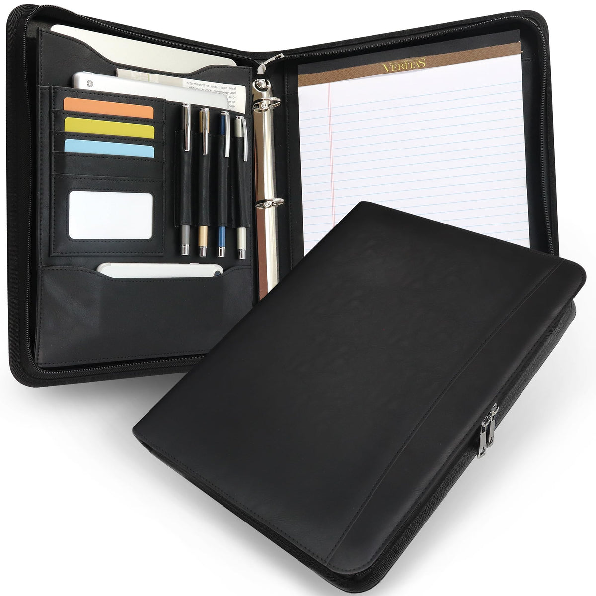 FORTAVEM Faux Leather Zippered Padfolio with 3 Ring Binder, Executive Portfolio Organizer Binder, Fits 13.9" Laptop/Tablet, Refillable Writing Pad Pocket, Black