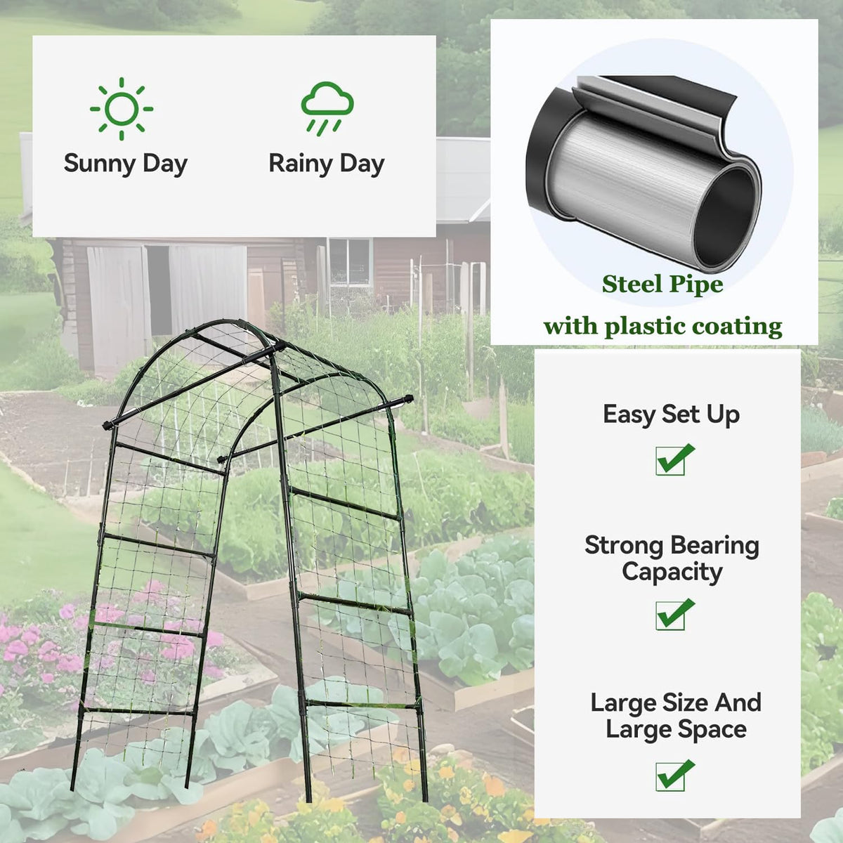 7FT Tall Garden Arch Trellis for Climbing Plants Outdoor Cucumber Trelli for Raised Bed, Metal Trellis Support with Net for Vegetables Tomato Zucchini Squash Beans Peas Melons, Rose Flowers,Vines