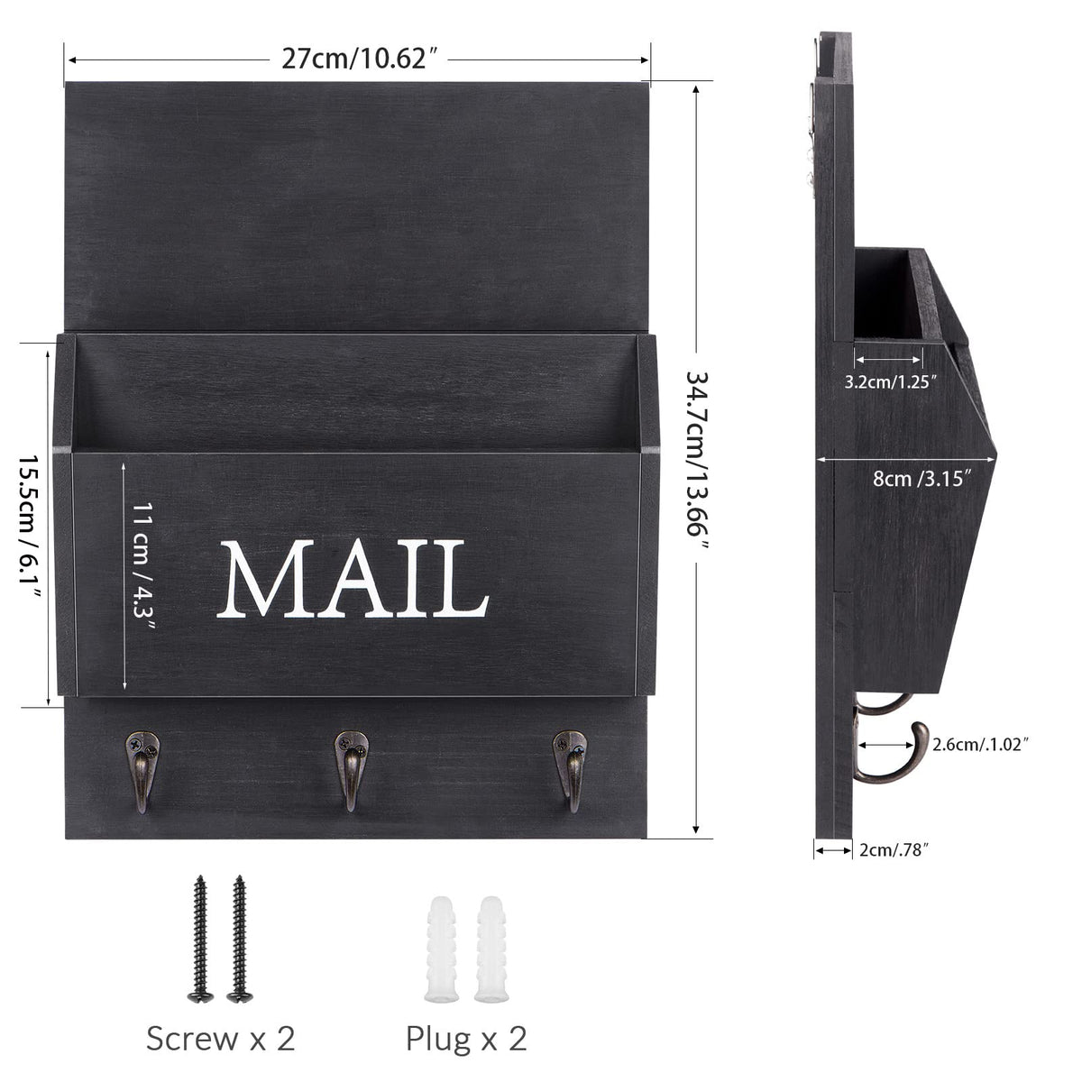 DLQuarts Mail Organizer with Key Holder for Wall, Mail Sorter Wall Mounted, Decorative Wooden Key and Mail Holder with 3 Hooks, Black