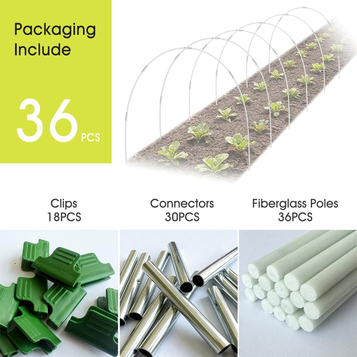 36 PCS Garden Hoops for Raised Beds, RIFNY Greenhouse Hoops Kit Long Grow Tunnel for Row Cover, Rust-Free Fiberglass Garden Support Poles for Insect Mesh Netting Freeze Plant Cover Frame