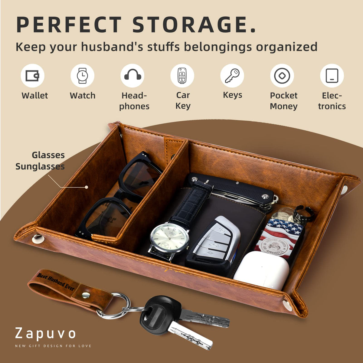 ZAPUVO Gifts for Husband Men Dad Fathers Day,Best Husband Ever PU Leather Valet Tray and Keychain, Anniversary for Men-Birthday Gifts Ideas for Him Boyfriend Who Has Everything from Wife