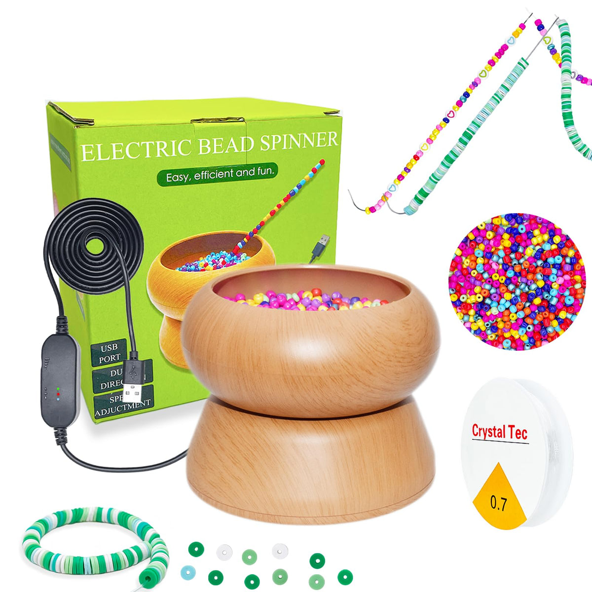 Xmada Electric Bead Spinner - Clay Bead Spinner with 2PC Beading Needles and Seed Beads, Waist Beads Kit, Bead Spinner for Jewelry Making, Electric | Speed Adjustment Beading Tools (Original)