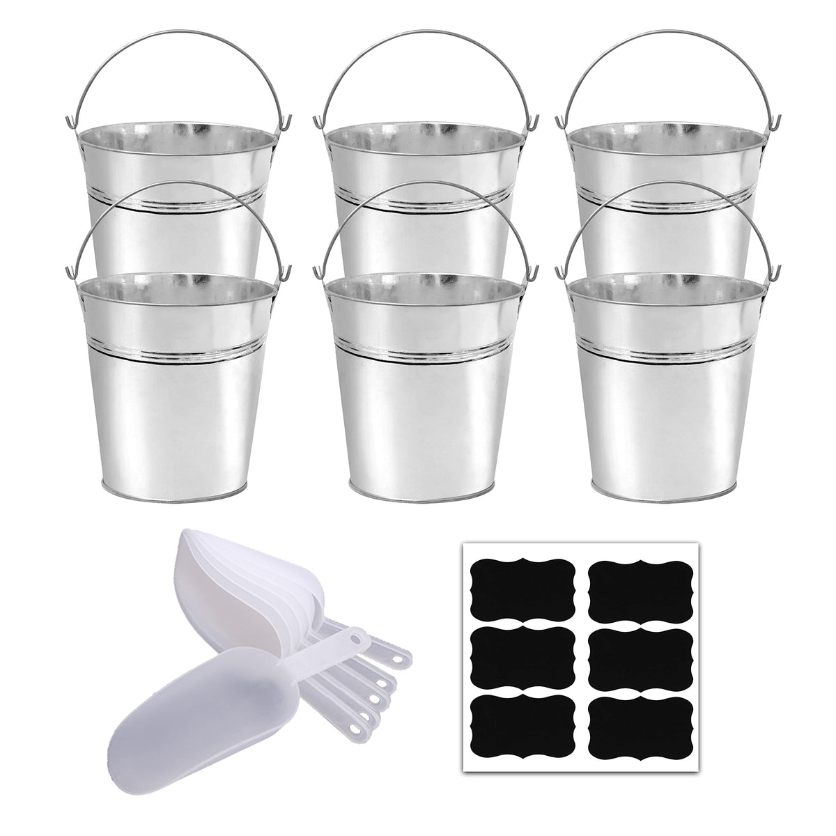 ZEDEV Set of 6 Pcs Galvanized Metal Buckets with Chalkboard Stickers and 5.5" Mini Plastic Kitchen Scoops,5 Inch Tin Buckets, Small Galvanized Pail for Backyard Decoration,Garden Planters.