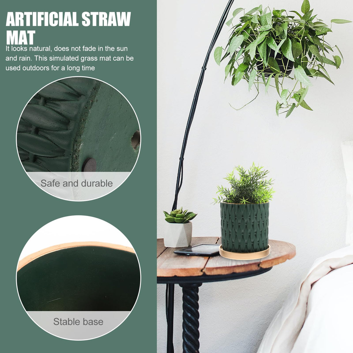 TIDTALEO European Style Cement Woven Pattern Plant Pot with Drainage Tray, Outdoor Indoor Nursery Flower Planter in Dark Emerald and Metallic Tray, Garden Planting Accessory for Patio