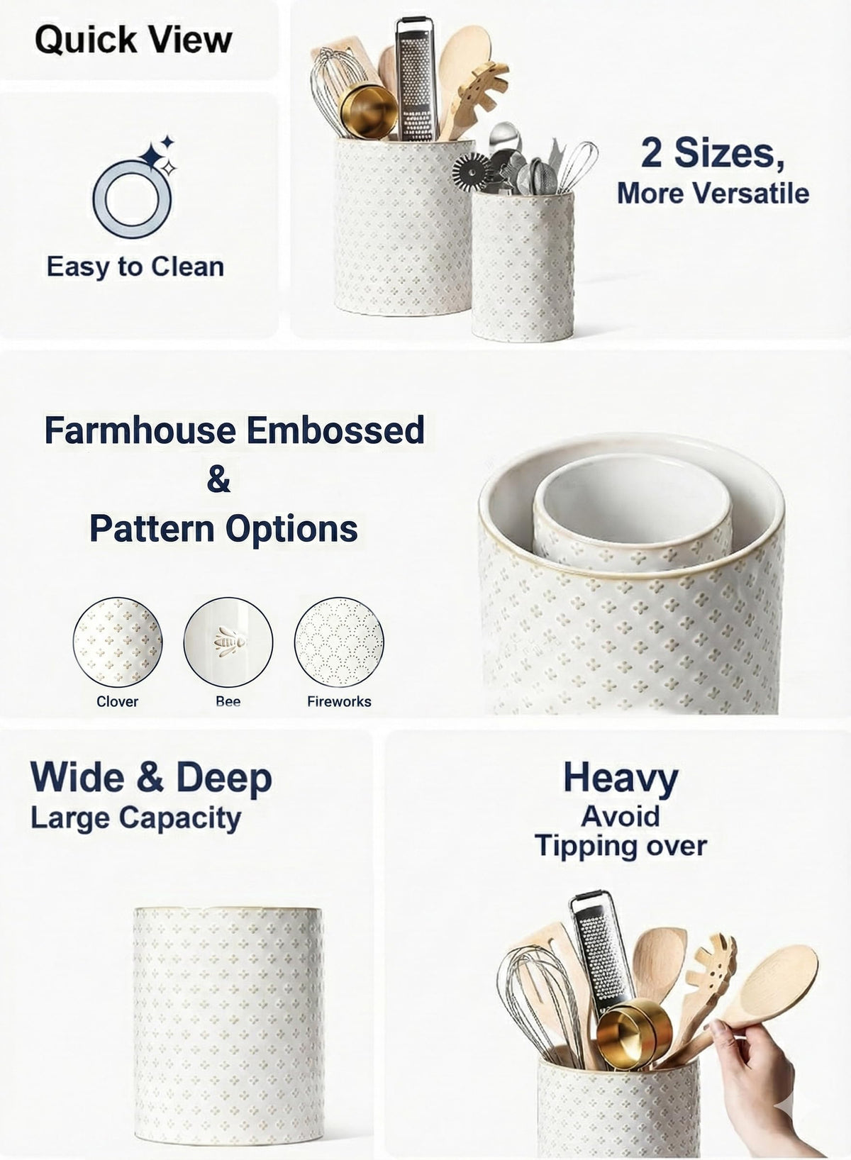 LE TAUCI Kitchen Utensil Holder for Countertop - 7.1"+5.4" Ceramic Utensil Crock Set of 2, Large Cooking Utensil Organizer for Spatula, Spoon, Whisk - Farmhouse Storage, Embossed, Clover