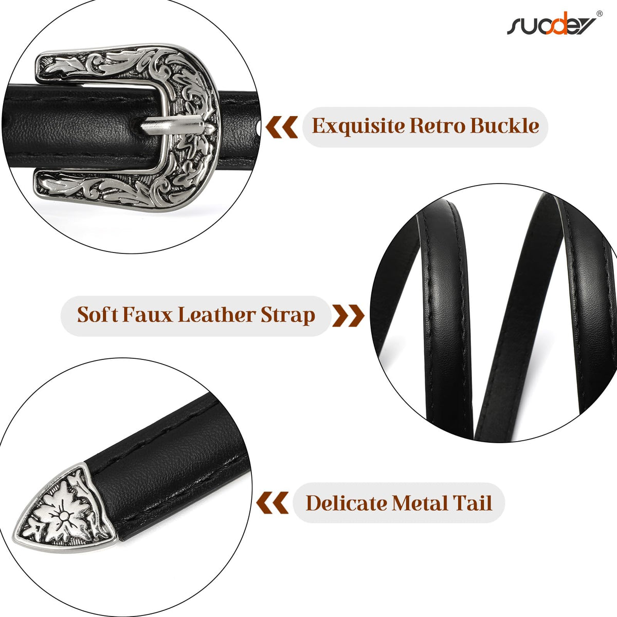 SUOSDEY Western Skinny Leather Belts for Women Adjustable Thin Waist Belt for Dresses with Vintage Buckle