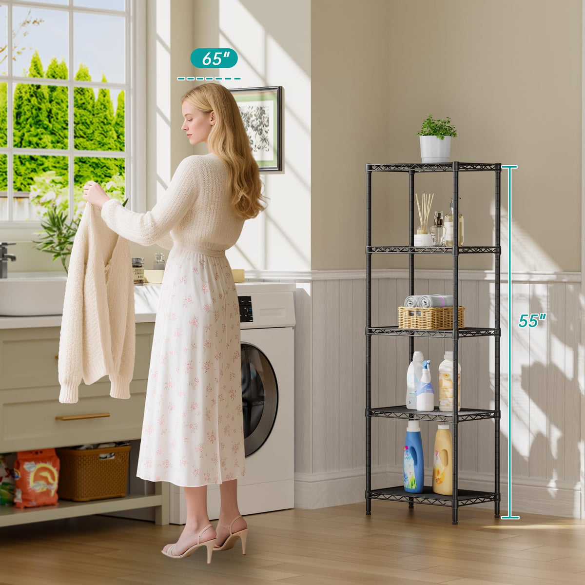 SINGAYE Metal Shelves Wire Shelving：Storage Rack Standing Units Shelf for Kitchen Laundry Bathroom Closet Organizers Pantry Narrow Mesh Adjustable 10" D x 16" W x 55" H Black