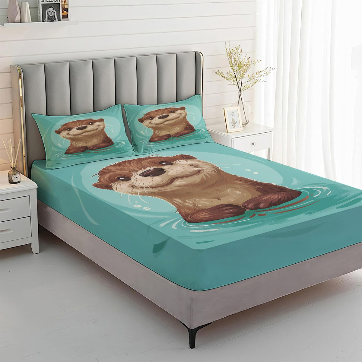 Rejkxyw King Size Sheets Set Cute Otter - Cartoon Animal Bed Sheets - Kids Boys Girls Sheet Set - 12 Inch Deep Pocket - Ultra Soft Winkle Free Microfiber Bedding Sheets & Pillowcases 4 Piece