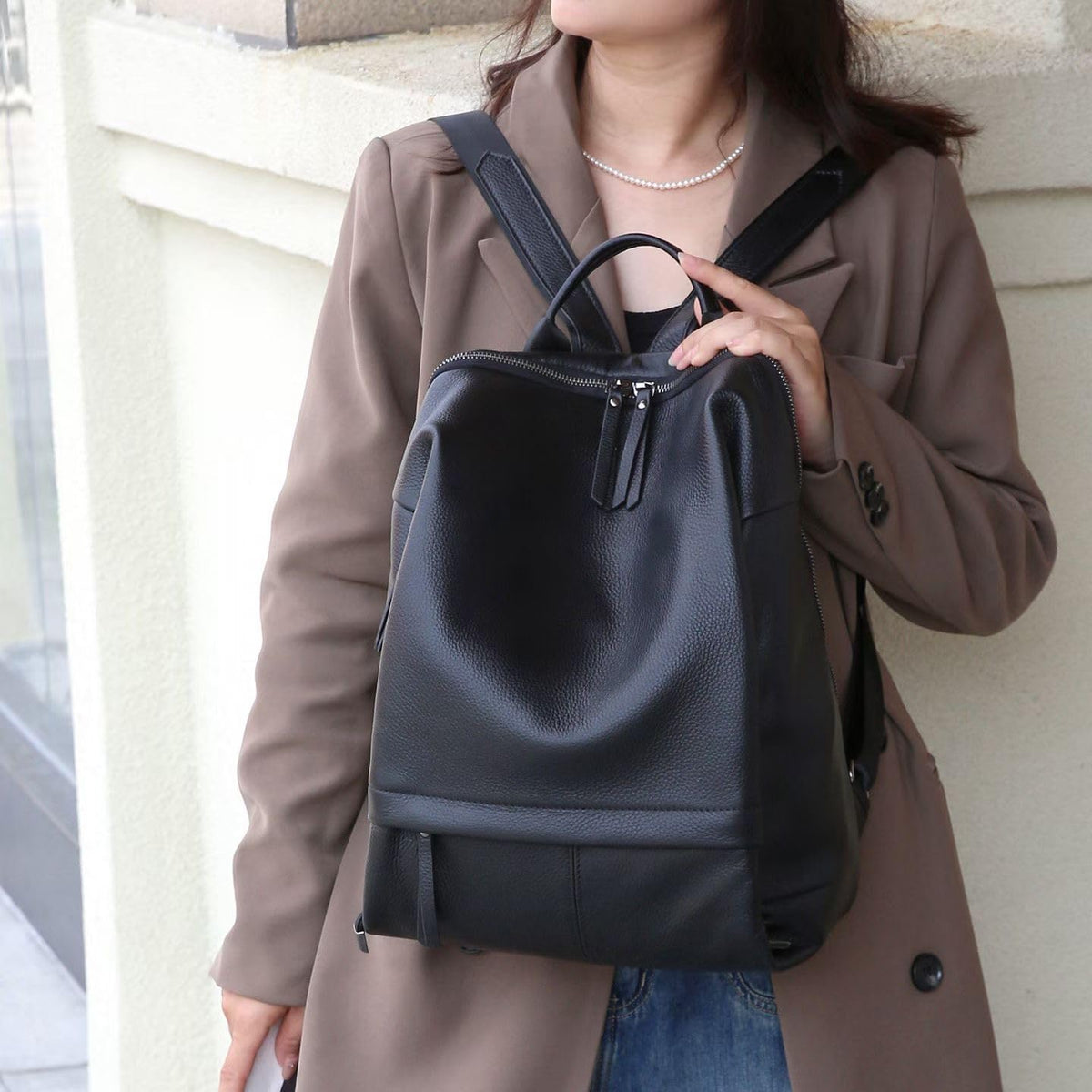 Wesccimo Genuine Leather Backpack Purse for Women, Fashion Designer Soft Backpack with Large Compartment Black