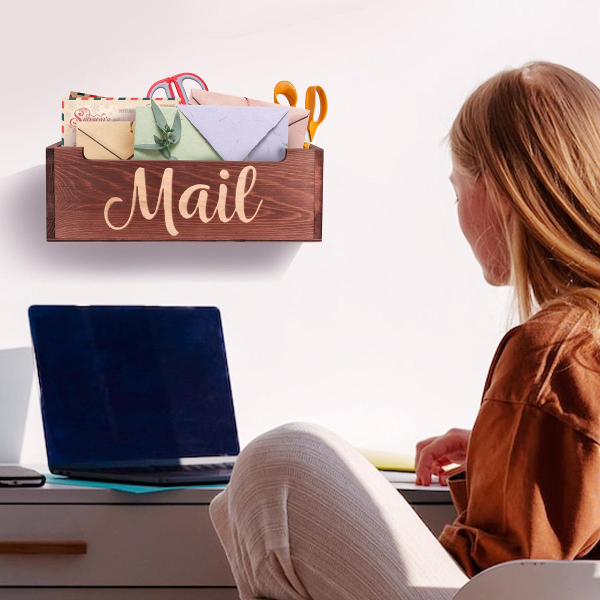 Wooden Mail Organizer Mail Holder Countertop, Farmhouse Brown Mail Tray Mail Storage Box for Wall, Rustic Mail Basket Letter Holder for Office Desk