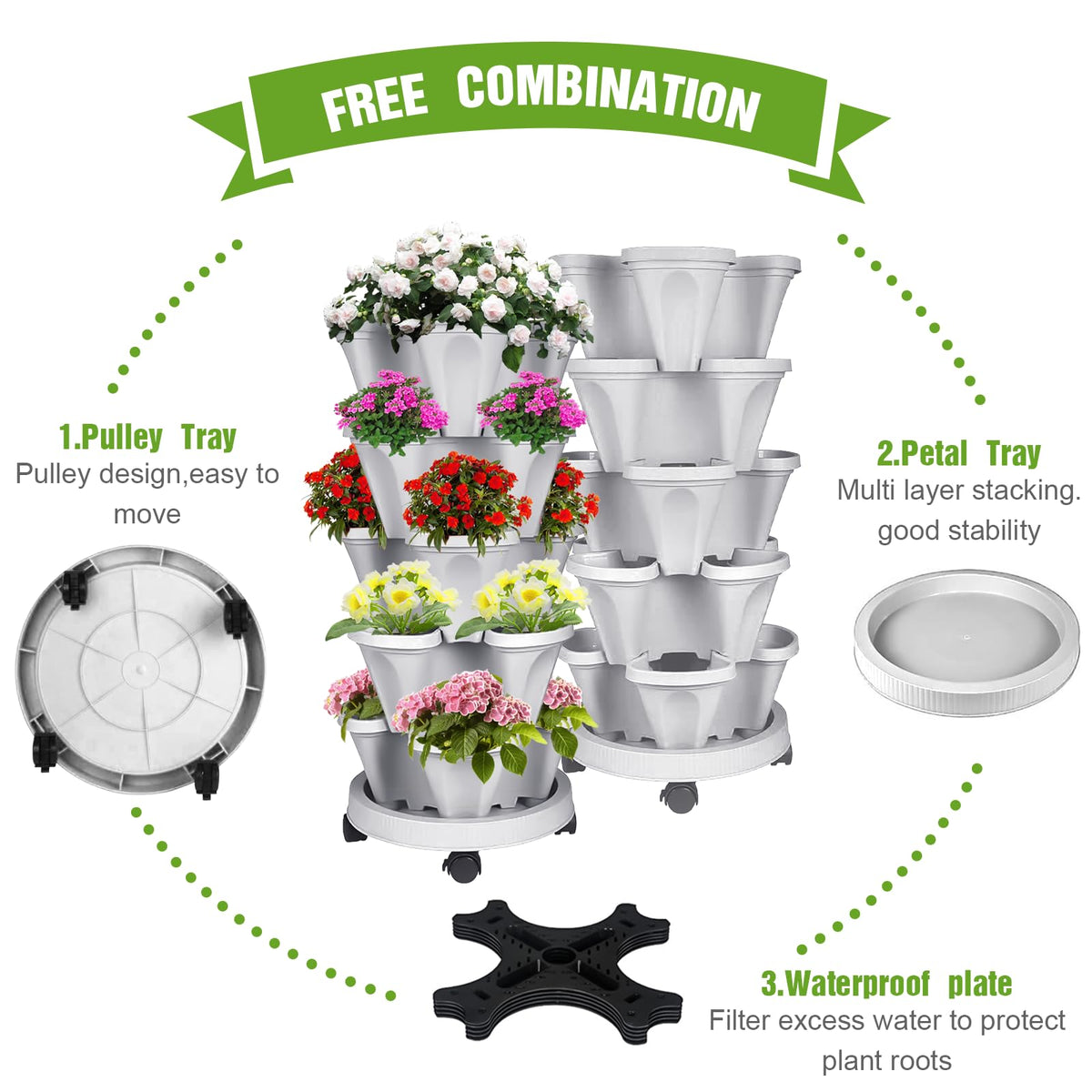 Bociks Vertical Strawberry Planter 5 Tier Stackable Tower Herb Planters-Stacking Garden Outdoor Planter Pot With Tools Mover For Succulents, Vegetables and Flowers