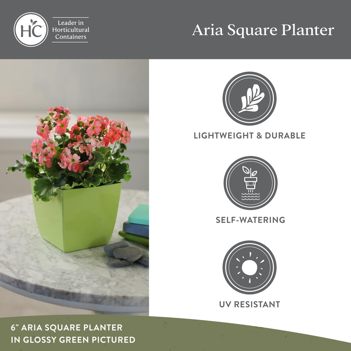 The HC Companies Aria Self Watering Square Plant Pot w/Drainage - Classic Planters for Outdoor Plants & Indoor Plants - Lightweight & UV-Resistant Plastic Pots for Plants (6" Glossy Green, Pack of 1)