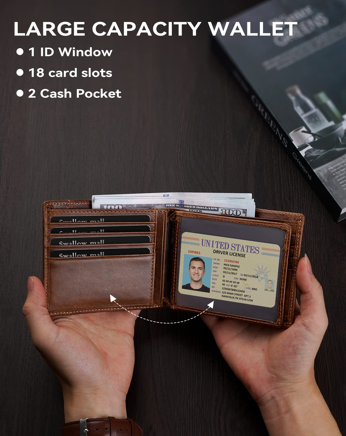 Swallowmall Mens Wallet Rfid Blocking Leather Wallet for Men Bifold Wallets with 1 ID Window 16 Card Slot