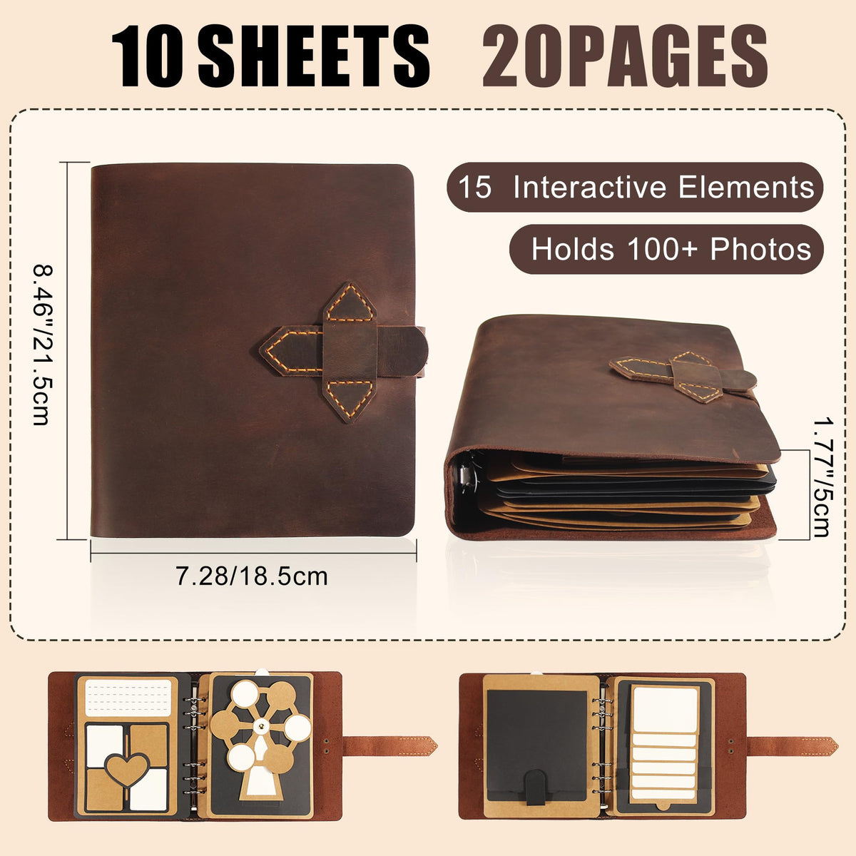 Handmade Genuine Leather Scrapbook Photo Album – DIY 3D Interactive Memory Book for Wedding, Baby, Family Photos (Travel, Anniversary, Birthday Gift)- D.Brown