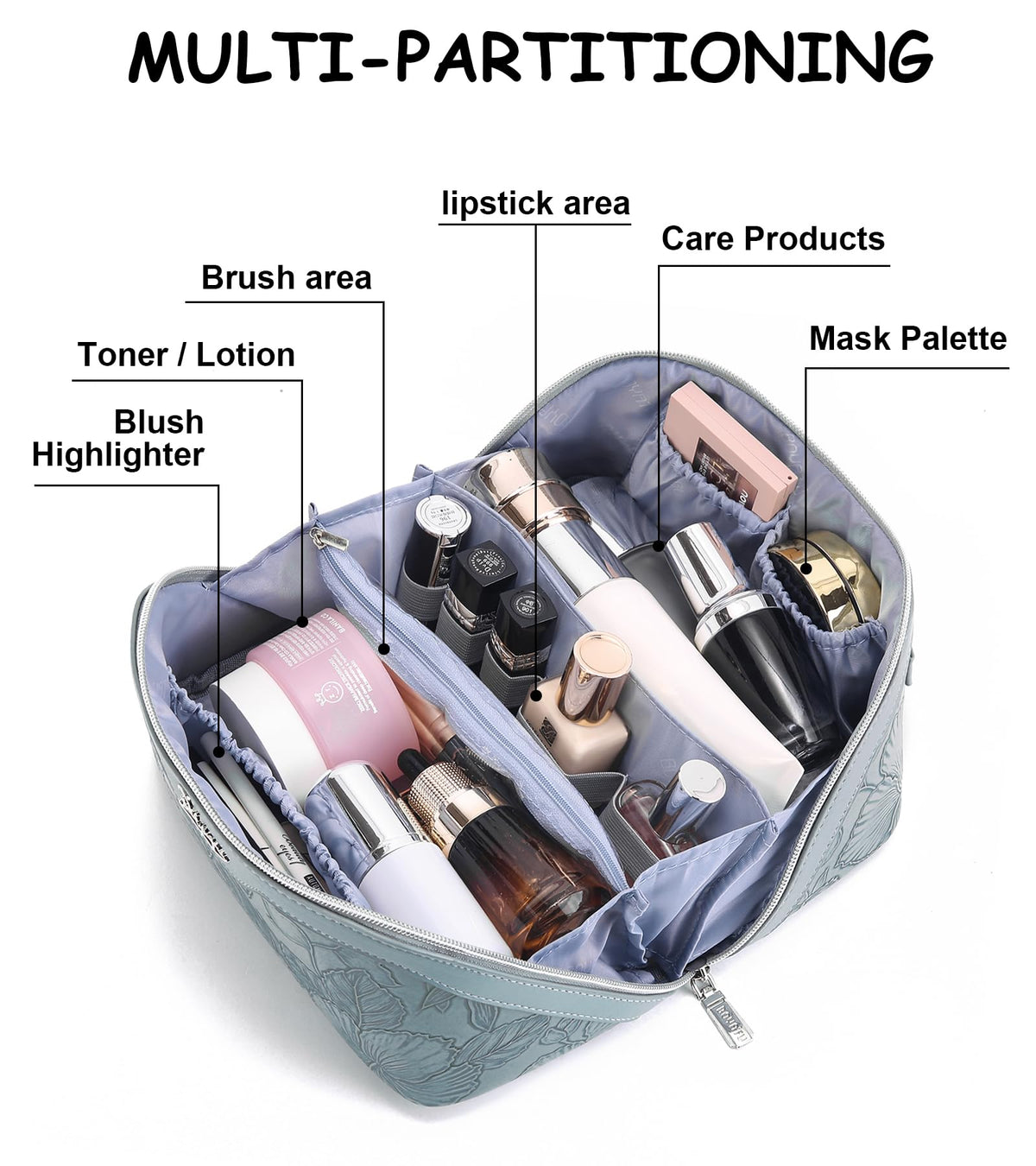 BOYATU Travel Makeup Bags Cosmetic Organizer Bag: 3 Pcs Set Large Capacity Floral Make up Bag with Compartments - Waterproof Leather Toiletry Bags with Handle for Women (01-Light Blue)