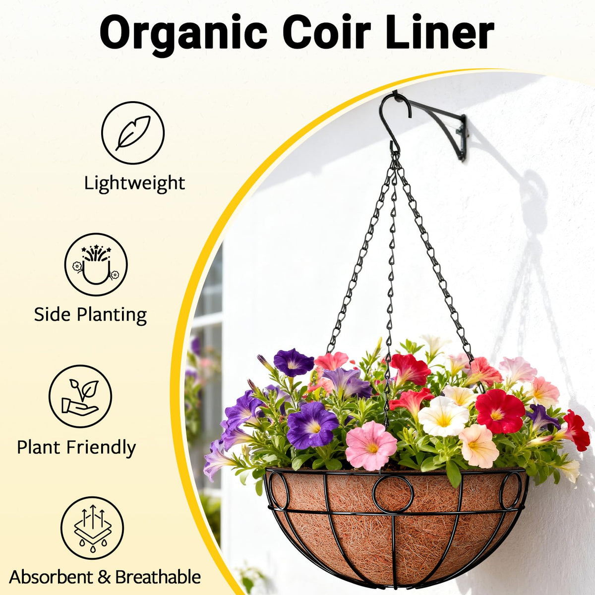 ZeeDix 16 Inch Large Hanging Baskets for Plants Outdoor, 2 Pack Round Metal Wire Planter Basket with Coco Coir Liner, Hanging Flower Pots for Garden Yard Patio Porch Balcony Decor