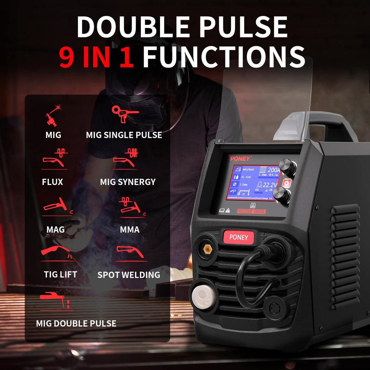 PONEY 200Amp Double Pulse MIG Aluminum Welder 9 in 1 MIG/MAG/FLUX/MIG Synergy/Single Pulse MIG/Double Pulse MIG/TIG LIFT/Spot Welding/MMA 220V Multi Process Welding Machine with LCD Digital Display