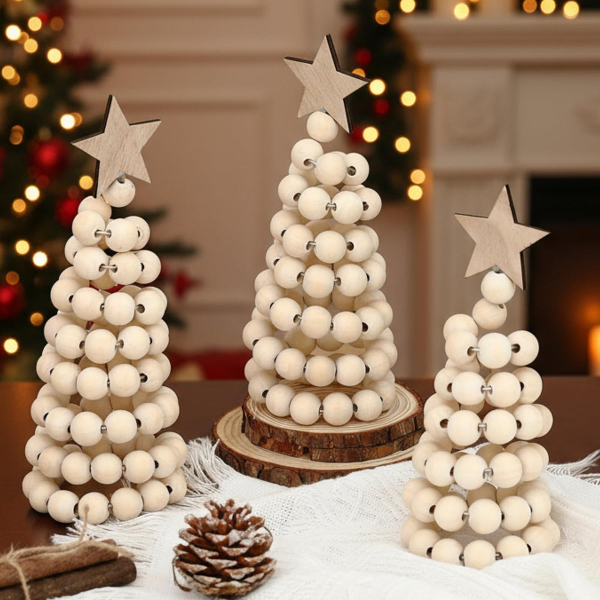Thyle 3 Pcs Christmas Tree Decor 3 Sizes 6/8/10 Inch Small Boho Artificial Christmas Tree Tabletop Decor for Home Shelf Mantel Fireplace Table Party Supplies(Bead Style,Wood)
