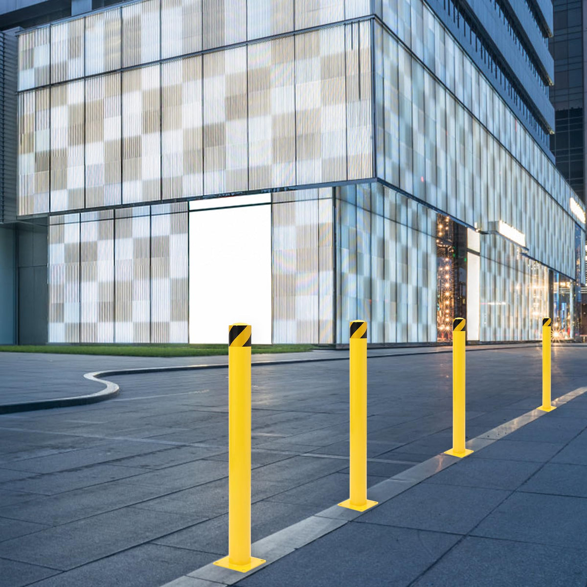 PeakPursuit 42 Inch Height Safety Bollard Post, 2 Pack 4.5 Inches Diameter Steel Pipe Safety Bollard, Yellow Parking Bollard with 24 Anchor Bolts, Steel Bollard Post for Traffic-Sensitive Area