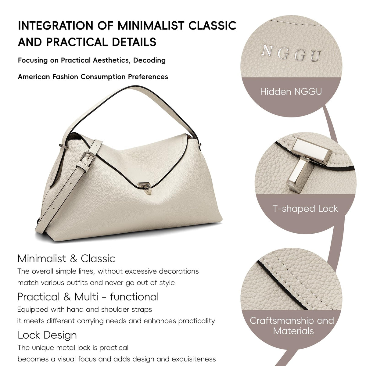 NGGU White Leather Crossbody Bag for Women, Multiple Compartments for Everyday & Travel