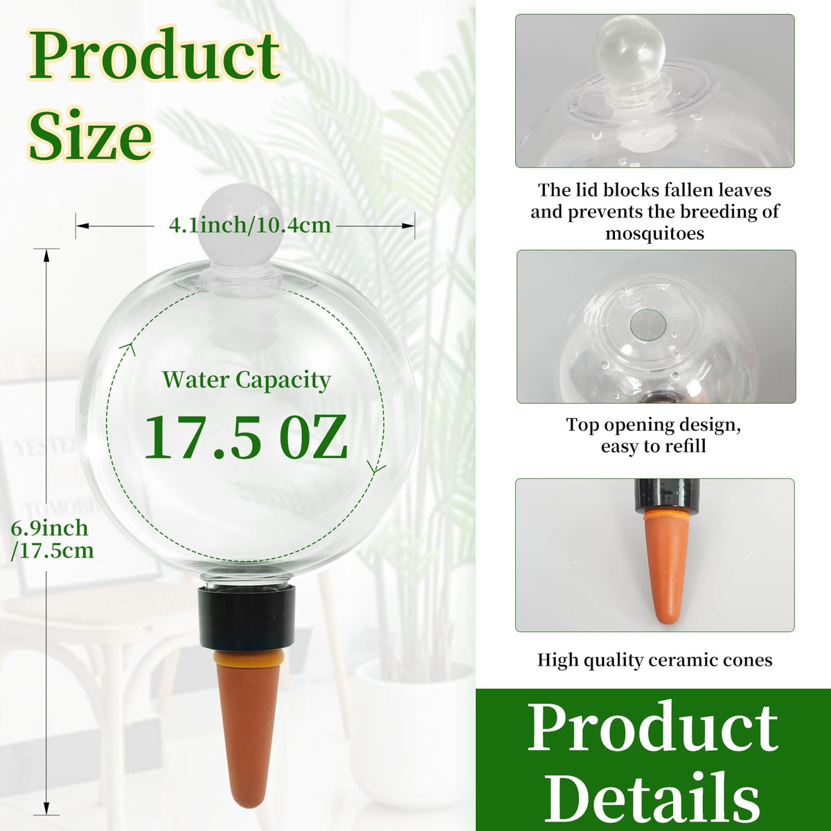 4pcs Plant Self Watering Globes with Covers, Plastic Water Bulbs Top Fill, Plant Watering Devices System Slow Release Terracotta, Water Spikes Stakes for Indoor (4)