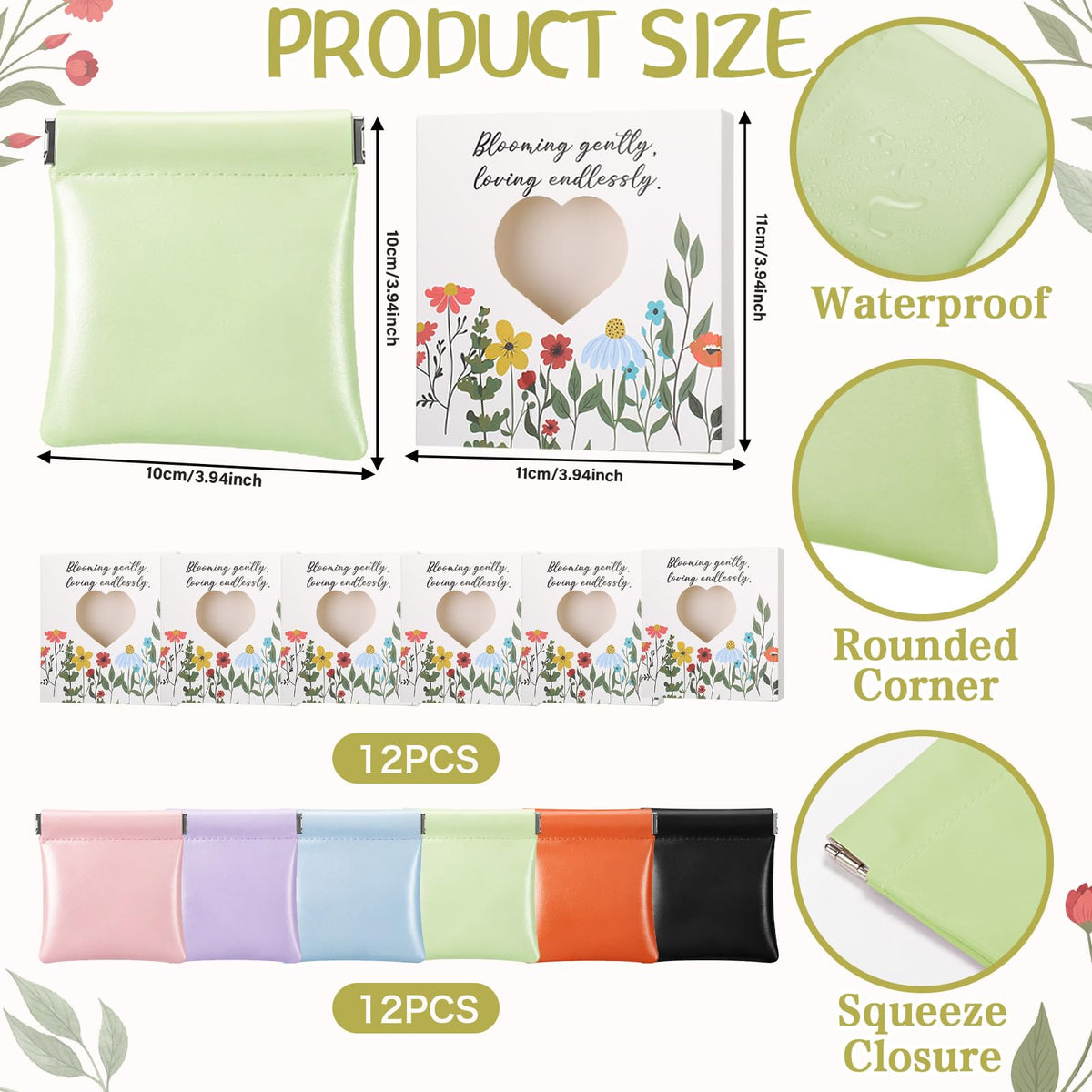 12 Sets Small PU Leather Organizer Pouch for Purse Snap Closure Pouch Small Women's Leather Pouches Gifts for Mini Purse Floral Design Gift Box for Mini Cosmetics Electronics Coins Pouches Jewelry