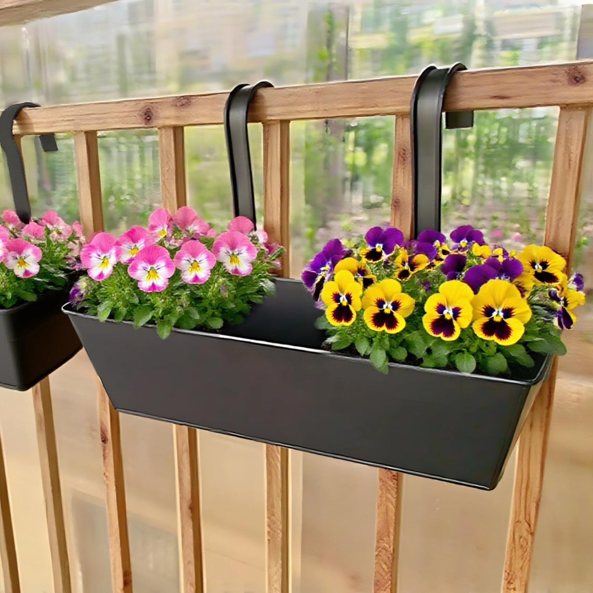 Tressify Outdoor Hanging Planter, 2 Pcs 16.3 in Black Metal Railing Planter Box, Iron Flower Pot with Drainage Holes