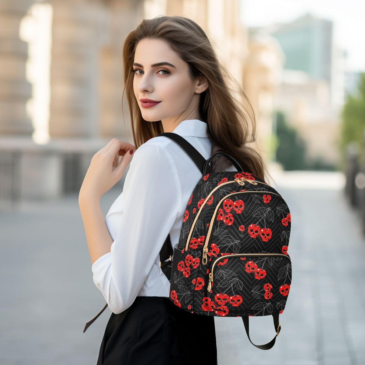 Mozuya Cherry Skull Backpack Purse for Women Girls Black Anti-theft Mini Fashion Travel Backpack with Zipper for College Travel S