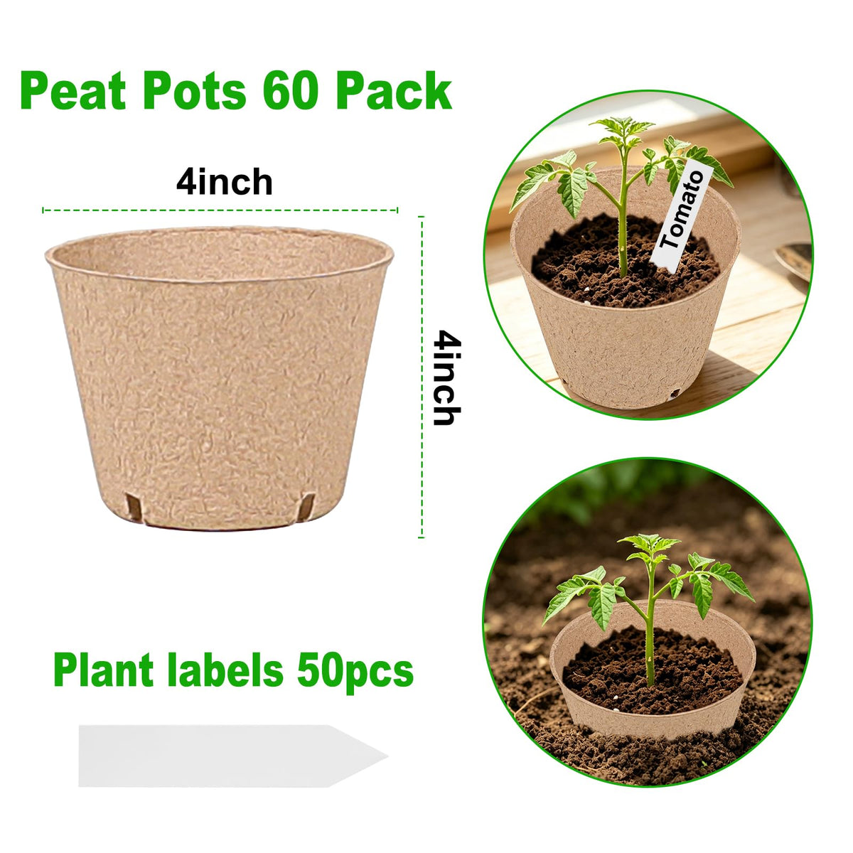 JNYONG 60 Packs 4 Inch Peat Pots,Biodegradable Pots for Seedlings with Drainage Holes, Garden Germination Nursery Pots with 50Pcs Plant Labels